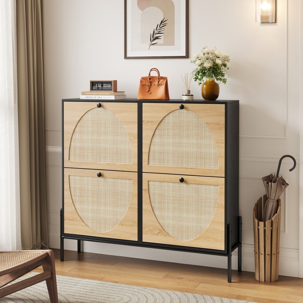 English Elm Space-saving Rattan Shoe Cabinet Artisan Woven Entryway Organizer with Flip Doors W5221P414216