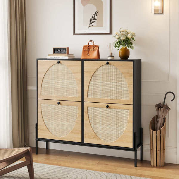 English Elm Space-saving Rattan Shoe Cabinet Artisan Woven Entryway Organizer with Flip Doors W5221P414216