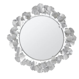 English Elm 30.5"Eden Gingko Leaf Round Wall Mirror with Decorative Iron Frame and Center Mirror Accent Silver 32.28 L x 32.09 W x 2.56 H B035P366553