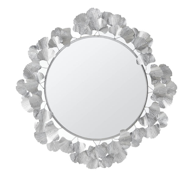 English Elm 30.5"Eden Gingko Leaf Round Wall Mirror with Decorative Iron Frame and Center Mirror Accent Silver 32.28 L x 32.09 W x 2.56 H B035P366553