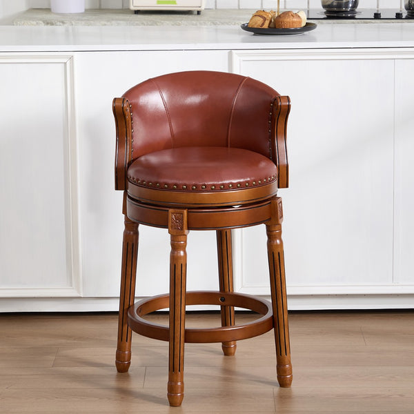 English Elm Cow Leather Swivel Barstool Solid Hardwood Frame Curved Back for Kitchen or Bar W2195P479943
