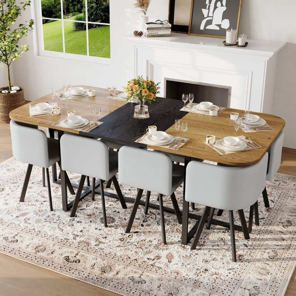 English Elm 9-piece Square Dining Set Two-tone Wood Grain Table with Gray Pu Leather Chairs W3875S00138