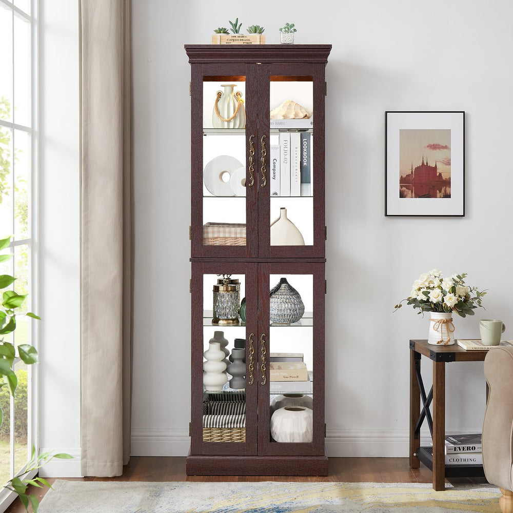 English Elm Lighted Glass Curio Display Cabinet with Quiet Hinge, Internal LED Lighting, Adjustable Shelves, Vintage Carved Handle Cherry W2275P199810