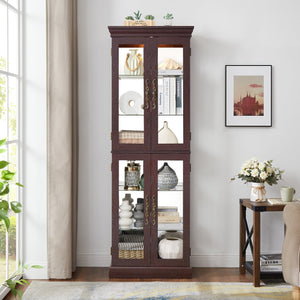English Elm Lighted Glass Curio Display Cabinet with Quiet Hinge, Internal LED Lighting, Adjustable Shelves, Vintage Carved Handle Cherry W2275P199810