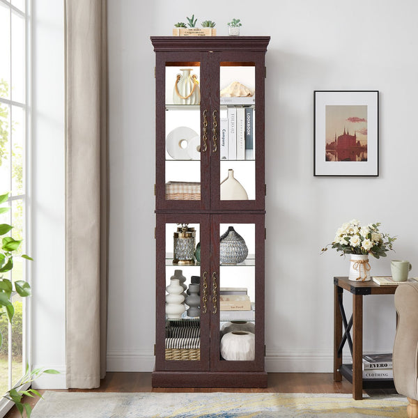English Elm Lighted Glass Curio Display Cabinet with Quiet Hinge, Internal LED Lighting, Adjustable Shelves, Vintage Carved Handle Cherry W2275P199810
