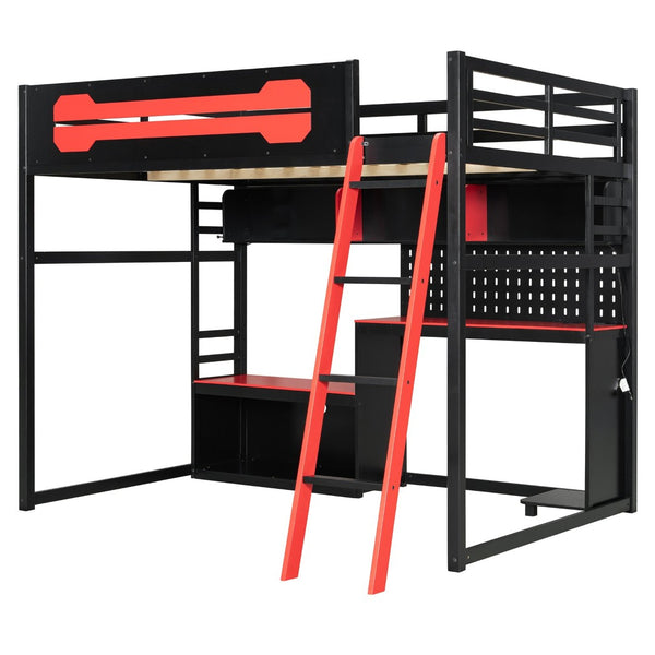 English Elm Full Size Gaming Loft Bed with Built-in Desk Led Lighting Usb Ports and Pegboard Black+Red LT000270AAR