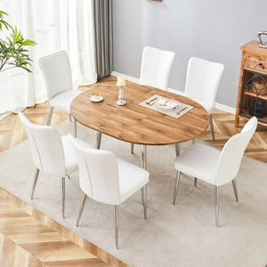 English Elm Table and Six Chair Extendable Dining Set Wood Grain Mdf Top Silver Metal Legs W1151S03963
