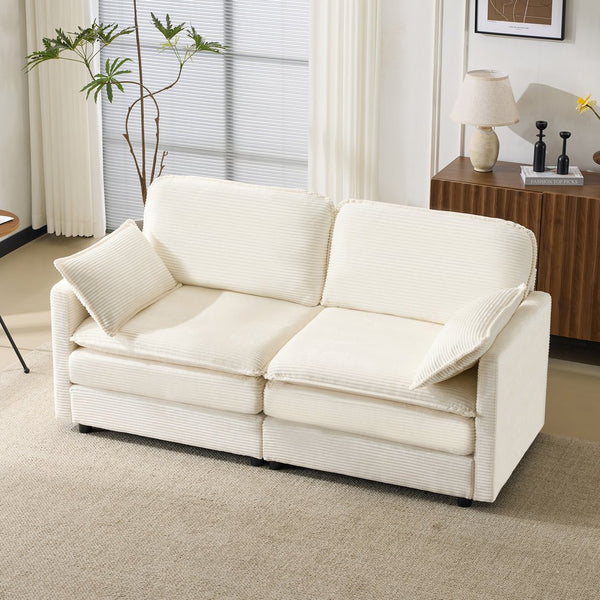 English Elm 69" Plush Cloud Loveseat Modular 2-Seater Sofa in Beige Corduroy, Convertible Ottoman, Durable Frame, 440lb Support W1829P324893