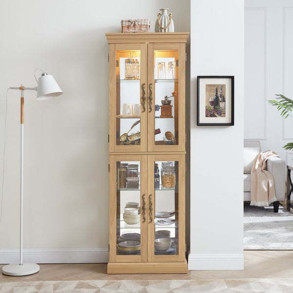 English Elm Lighted Glass Curio Display Cabinet with Quiet Hinge, Internal LED Lighting, Adjustable Shelves, Vintage Carved Handle Light Oak W2275P199811