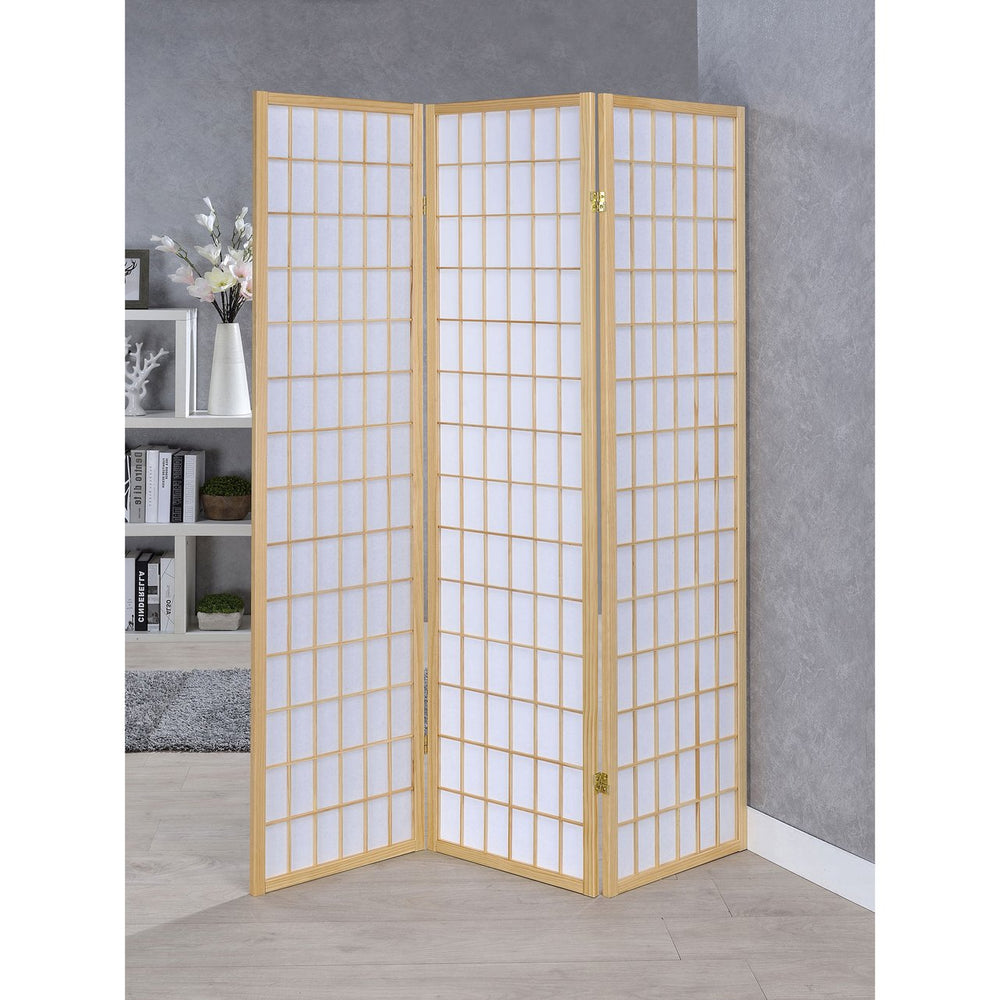English Elm Porch 3-Panel Shoji Room Divider Screen with Warm Wood Grain, Lightweight Paper Panels, Minimalist Light Diffuser Natural B062P331075
