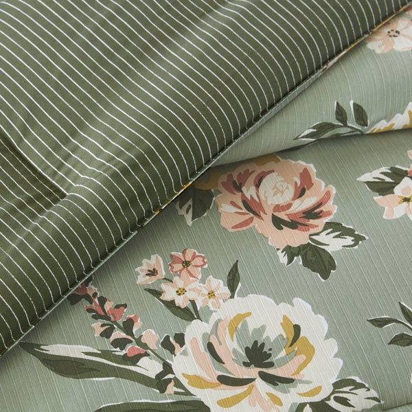English Elm 7-piece Cal King Vintage Floral Comforter Set with Reversible Stripe and Bed Skirt B035P440214