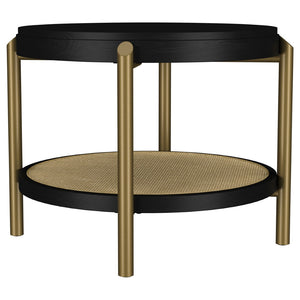 English Elm Benson Round Coffee and End Table Set with Brass Legs Rattan Shelf Accent Black B062S01403