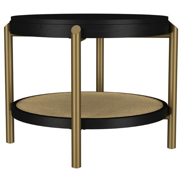 English Elm Benson Round Coffee and End Table Set with Brass Legs Rattan Shelf Accent Black B062S01403
