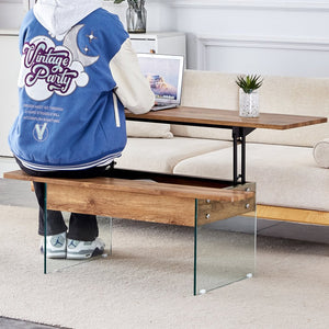English Elm Multifunctional Lift Top Coffee Table with Tempered Glass Legs, Ergonomic Storage and Durable MDF Finish Natural Wood,Transparent W2920P226073