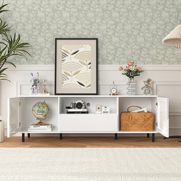 English Elm High Gloss Panel Modern TV Console with 3 Storage Spaces, 200lb Support, Easy Assembly, Cloud White 67" W409P195094