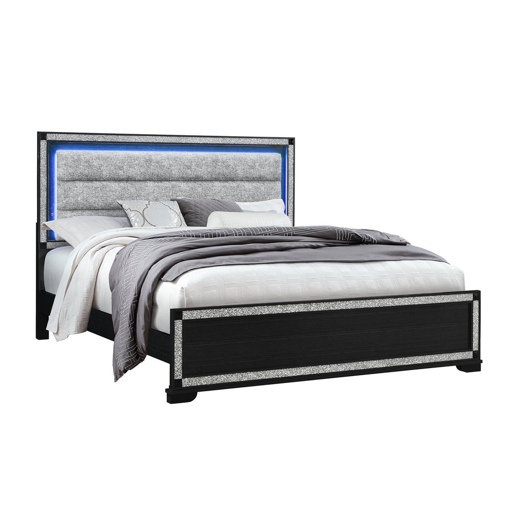 English Elm Soulmarie 5PC King Bedroom Set with Padded Headboard, LED Lighting, Glitter Accents & Curved Legs Charcoal 84.84 L x 7.87 W x 4.72 H B201S00450
