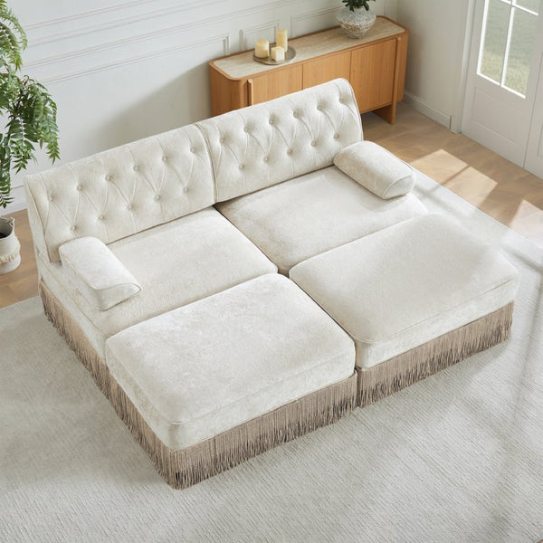 English Elm With Tufted Velvet Sectional Sofa Two Ottomans Tassel Skirt French Chesterfield Living Room Beige W714S01743