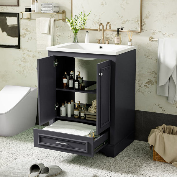 English Elm 24'' Bathroom Vanity with Ceramic Sink Combo Modern Freestanding MDF Cabinet with Soft-Close Doors and Sleek Silver Handles for Spacious Organized Bathroom Storage Blue Gray N710P194893C