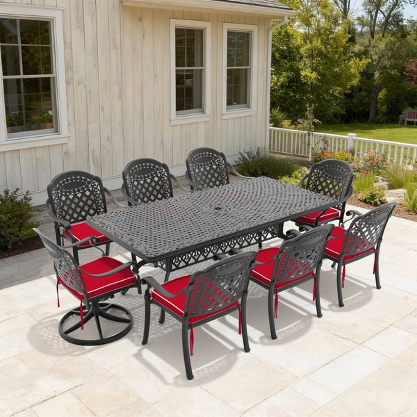 English Elm 9-piece Ornate Cast Aluminum Outdoor Dining Set Seats Eight with Swivel Chairs W1710S00386
