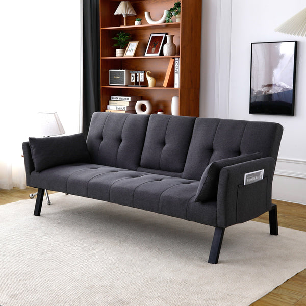 English Elm 70-inch Foldable Cotton Linen Sofa Bed with Cup Holder & Side Storage, Space-Saving 2-Seater Design DARK GREY W3371P337199