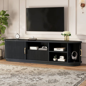 English Elm Vintage Farmhouse Media Console with Slatted Sliding Doors and Brass Hardware for Living Room Black N721P427206B