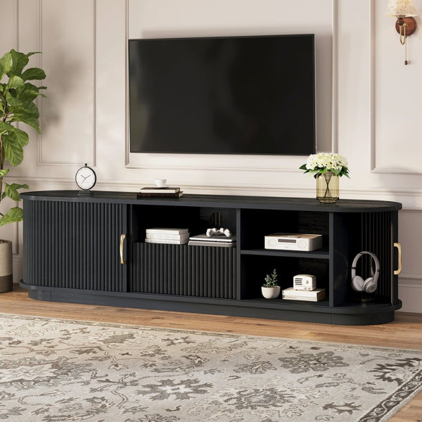 English Elm Vintage Farmhouse Media Console with Slatted Sliding Doors and Brass Hardware for Living Room Black N721P427206B