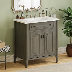 English Elm Christopher Knight Home® - 30 Inches Vintage Bathroom Vanity With Sink – Rustic Gray Cabinet, Soft-Close Doors & Ceramic Top N817P299472G