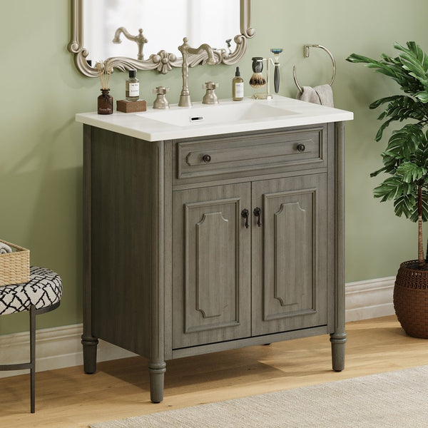 English Elm Christopher Knight Home® - 30 Inches Vintage Bathroom Vanity With Sink – Rustic Gray Cabinet, Soft-Close Doors & Ceramic Top N817P299472G
