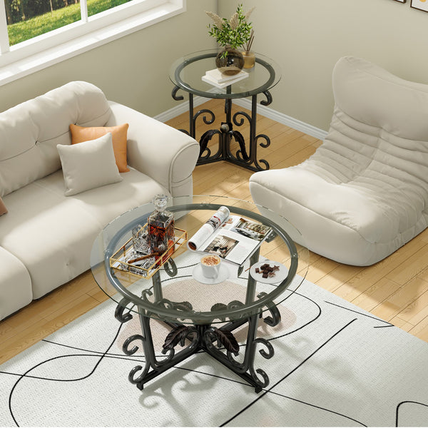 English Elm 3-Piece Glass Coffee Table Set with Tempered 5mm Top, Black Steel Frame, Nesting Design for Small Spaces T2398P354182