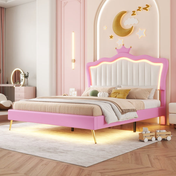 English Elm Full Size Upholstered Princess Bed Frame With Led Lights, Crown Headboard In Pink & White Design W2770P190360