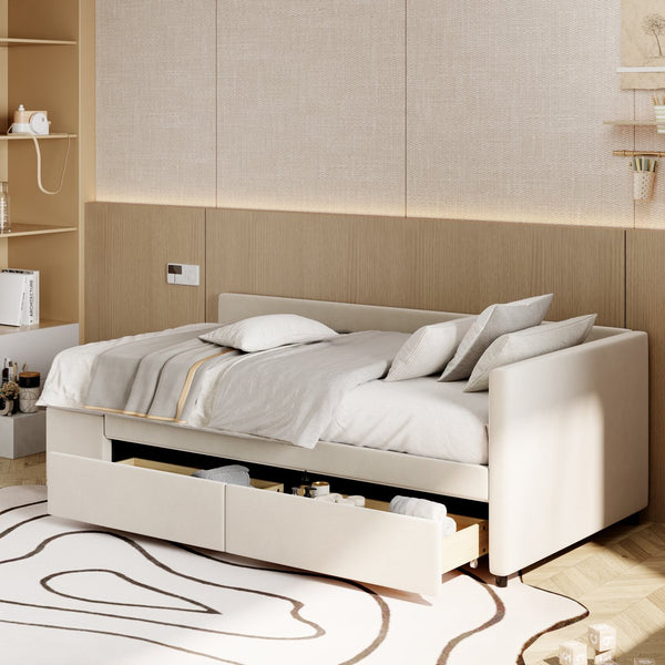 English Elm Twin Velvet L-Shaped Upholstered Platform Bed with Plush Headboard, Hidden Drawers & Cabinet Storage Beige SF000182AAA