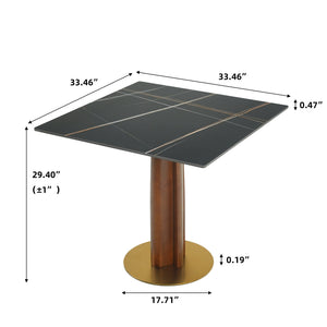 English Elm Modern Square Dining Table – 33.5" Sintered Stone & Wooden Legs, Chic Gold Base For Small Spaces W1535S00603