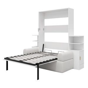 English Elm Full Size Murphy Bed System with Integrated Sofa and Storage Towers for Guest Rooms White LP000380AAK