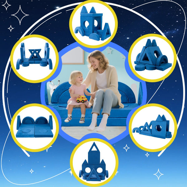 English Elm 14pcs Modular Foam Play Couch Set Convertible Toddler Fort Builder for Playrooms Blue T5880P493440
