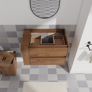 English Elm 30" Wall Mounting Bathroom Vanity Cabinet with Adjustable Side Shelf, Soft-Close 2/3 Drawers, Water-Resistant Plywood Brown Oak W999P193006