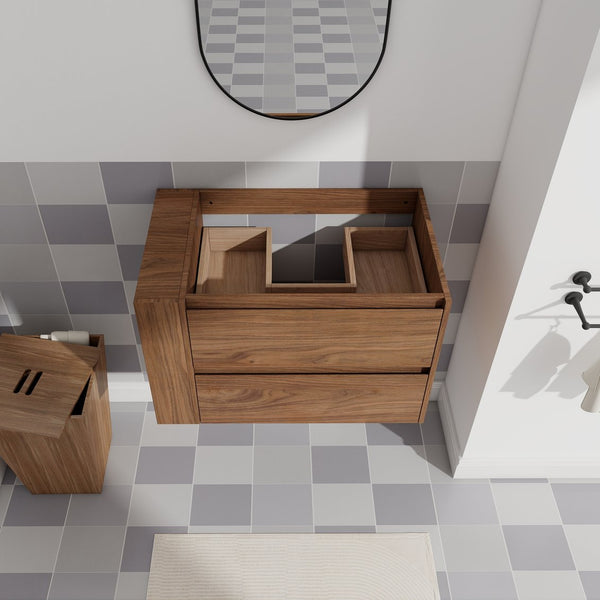 English Elm 30" Wall Mounting Bathroom Vanity Cabinet with Adjustable Side Shelf, Soft-Close 2/3 Drawers, Water-Resistant Plywood Brown Oak W999P193006