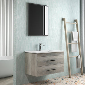 English Elm 32-Inch Grey Wood Grain Wall-Mounted Bathroom Vanity With Soft-Close Drawers & White Sink W3151S00015