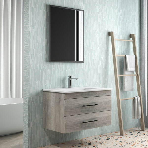 English Elm 32-Inch Grey Wood Grain Wall-Mounted Bathroom Vanity With Soft-Close Drawers & White Sink W3151S00015