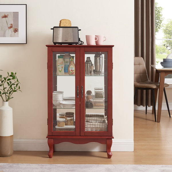 English Elm Elegant Illuminated Curio Cabinet with Tempered Glass, Mirrored Back, Adjustable Shelves & Anti-Tip Strap Cherry W1758P300123
