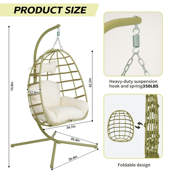 English Elm Egg Hanging Chair with Stand Pe Rattan Swing Seat Washable Cushion Patio Bedroom T5880P497436