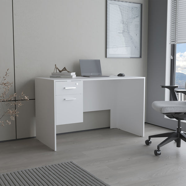 English Elm Mellier Modern White Office Desk with Two Drawers & Side Shelves — Compact, Stable Workstation B070P368063
