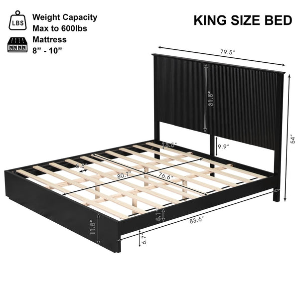 English Elm Stylish King Bed Frame Vertical Slat Headboard Low Profile Contemporary Bedroom Black N770PK369234B