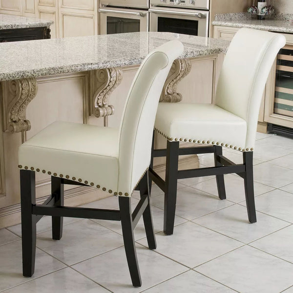 English Elm Christopher Knight Home® - Contemporary Ivory Bonded Leather Counter Stools with Nailhead Trim, 25" Padded Bar Chairs (Set of 2) N780P168429