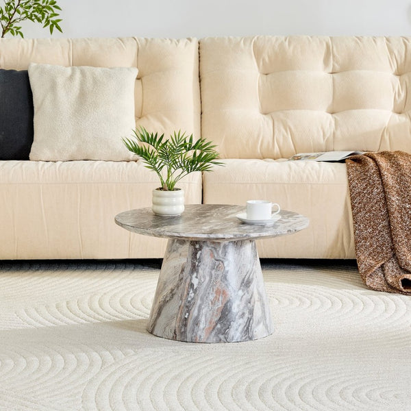 English Elm Grey Wood Grain Round Coffee Table Low Profile Mdf Living Room Accent Piece W2920P404129