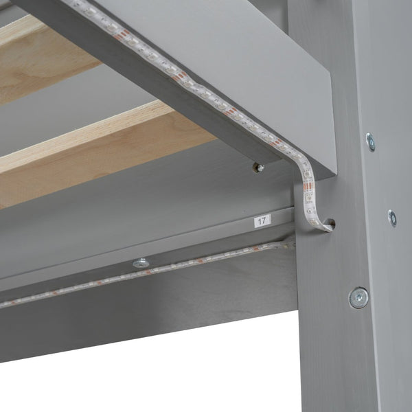 English Elm Wood Twin Size Gaming Loft Bed With Desk, Shelves, Led Lights & Clothes Rack - Gray Space Saver! N7090001041E-GIGA