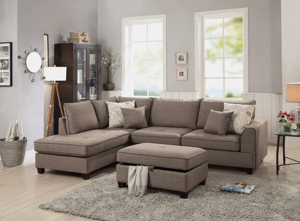 English Elm Beautiful 3-pcs Sectional Sofa with Reversible Chaise and Storage Ottoman Plush Summer Hues Comfort Mocha 76 L x 35 W x 16 H B011S01056