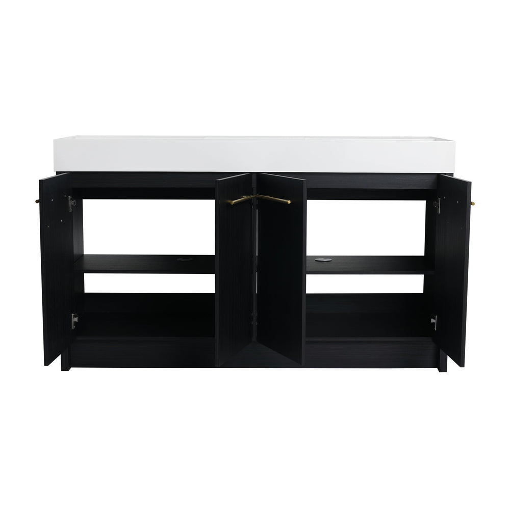 English Elm 60 Inch Freestanding Bathroom Vanity With Resin Double Sink & Soft-Close Doors For Modern Spaces W999S00181