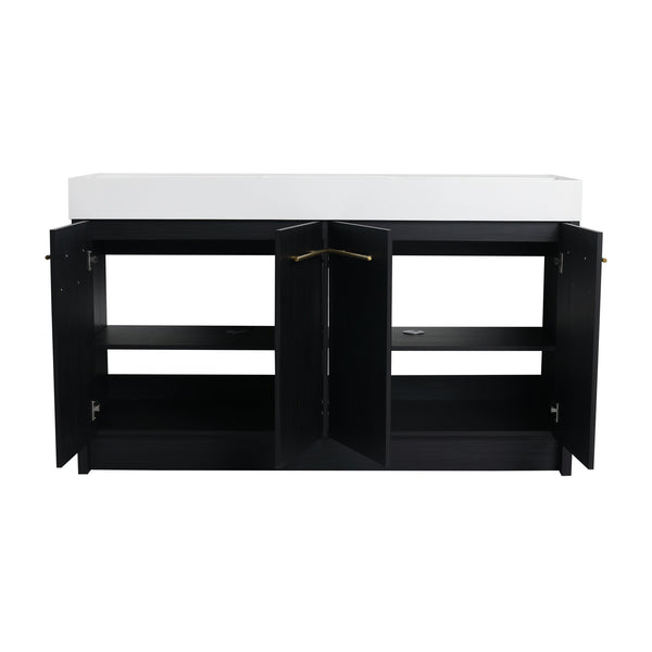 English Elm 60 Inch Freestanding Bathroom Vanity With Resin Double Sink & Soft-Close Doors For Modern Spaces W999S00181