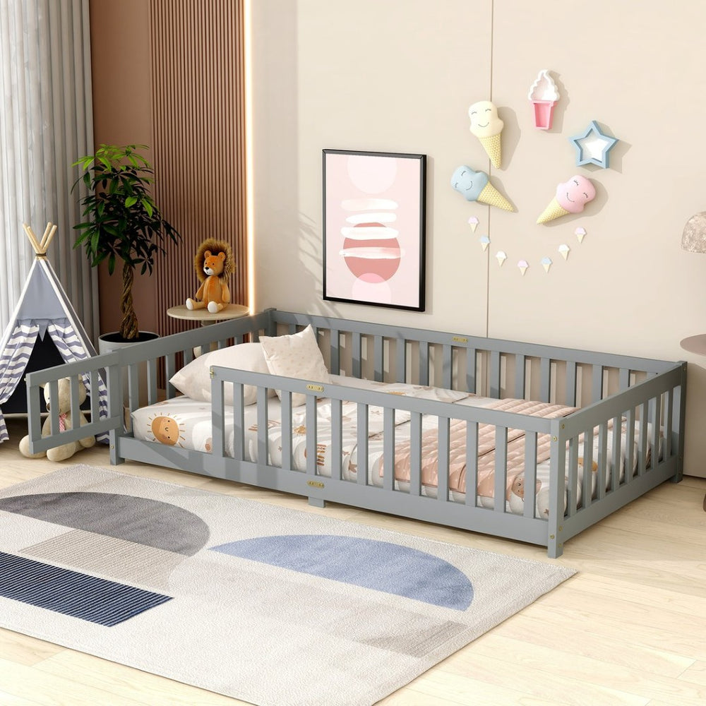English Elm Twin Low Profile Rubberwood Floor Bed with Full Safety Fence for Toddler Rooms Grey W504P429267