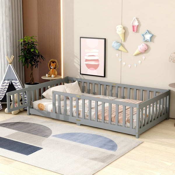 English Elm Twin Low Profile Rubberwood Floor Bed with Full Safety Fence for Toddler Rooms Grey W504P429267